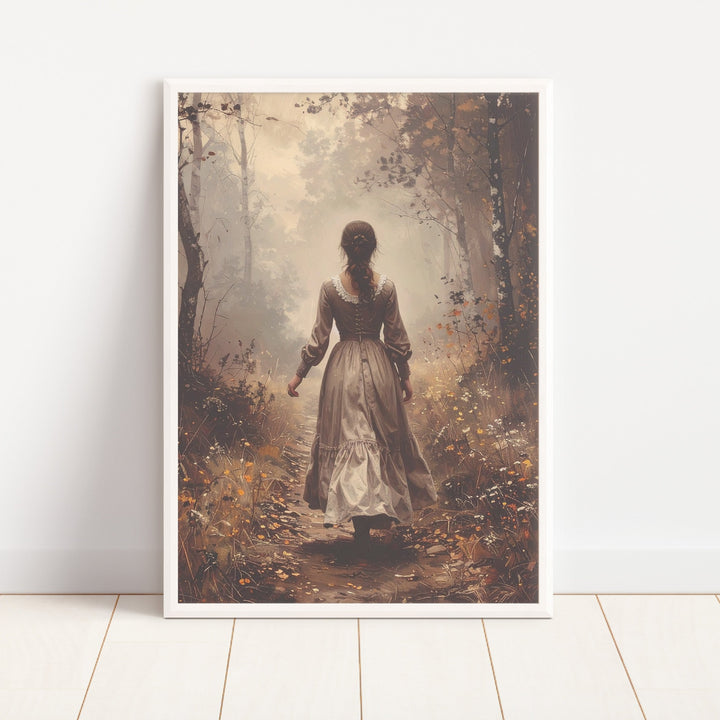 Framed artwork of a woman in a vintage dress walking through a forest on a white wall.
