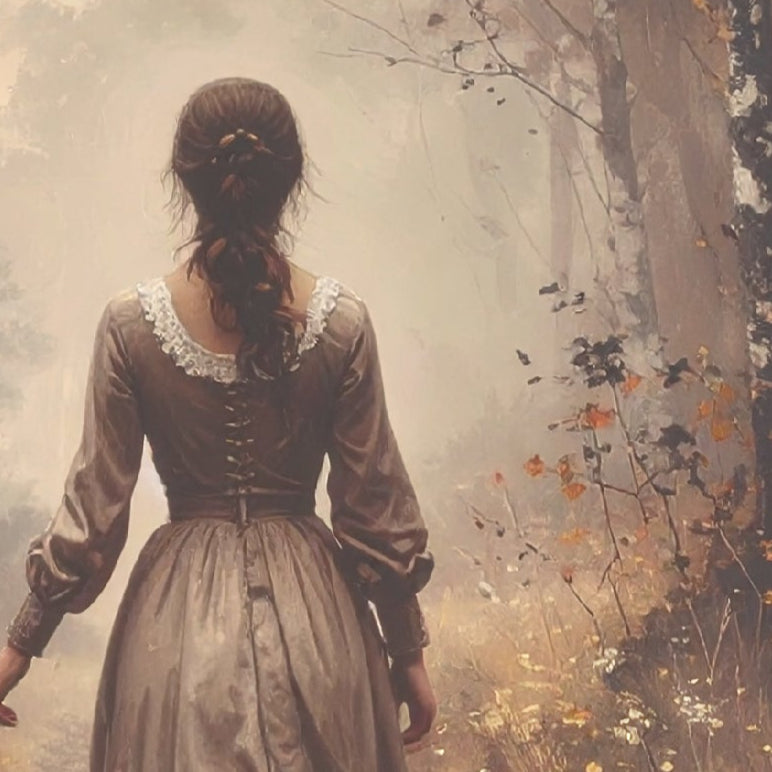 Woman in a long dress walking through a misty forest