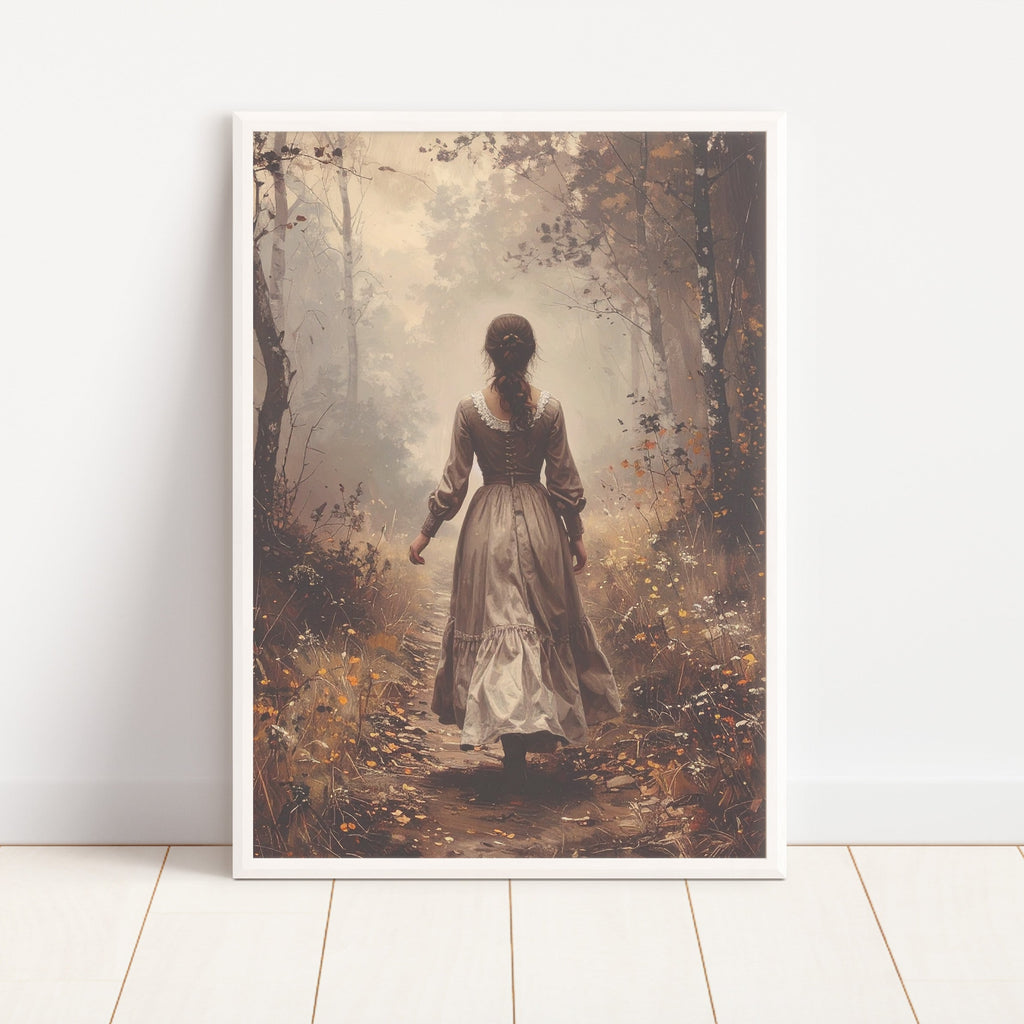 Framed artwork of a woman in a vintage dress walking through a forest on a white wall.