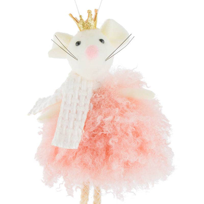 Decorative mouse ornament with pink dress, gold shoes, and crown on a white background