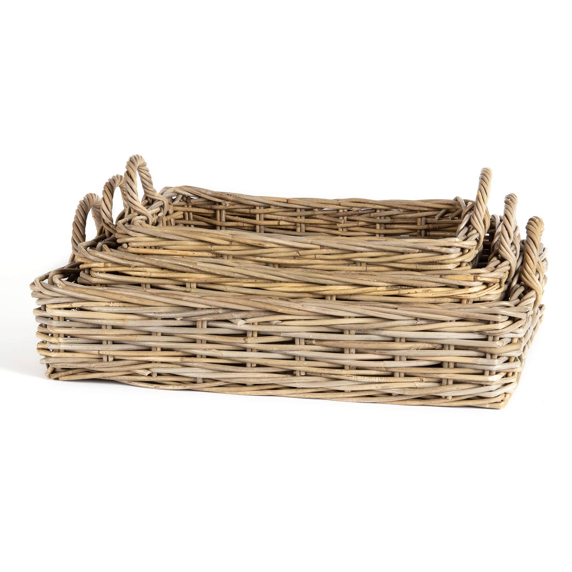 LOW RECTANGULAR GREY RATTAN TRAYS