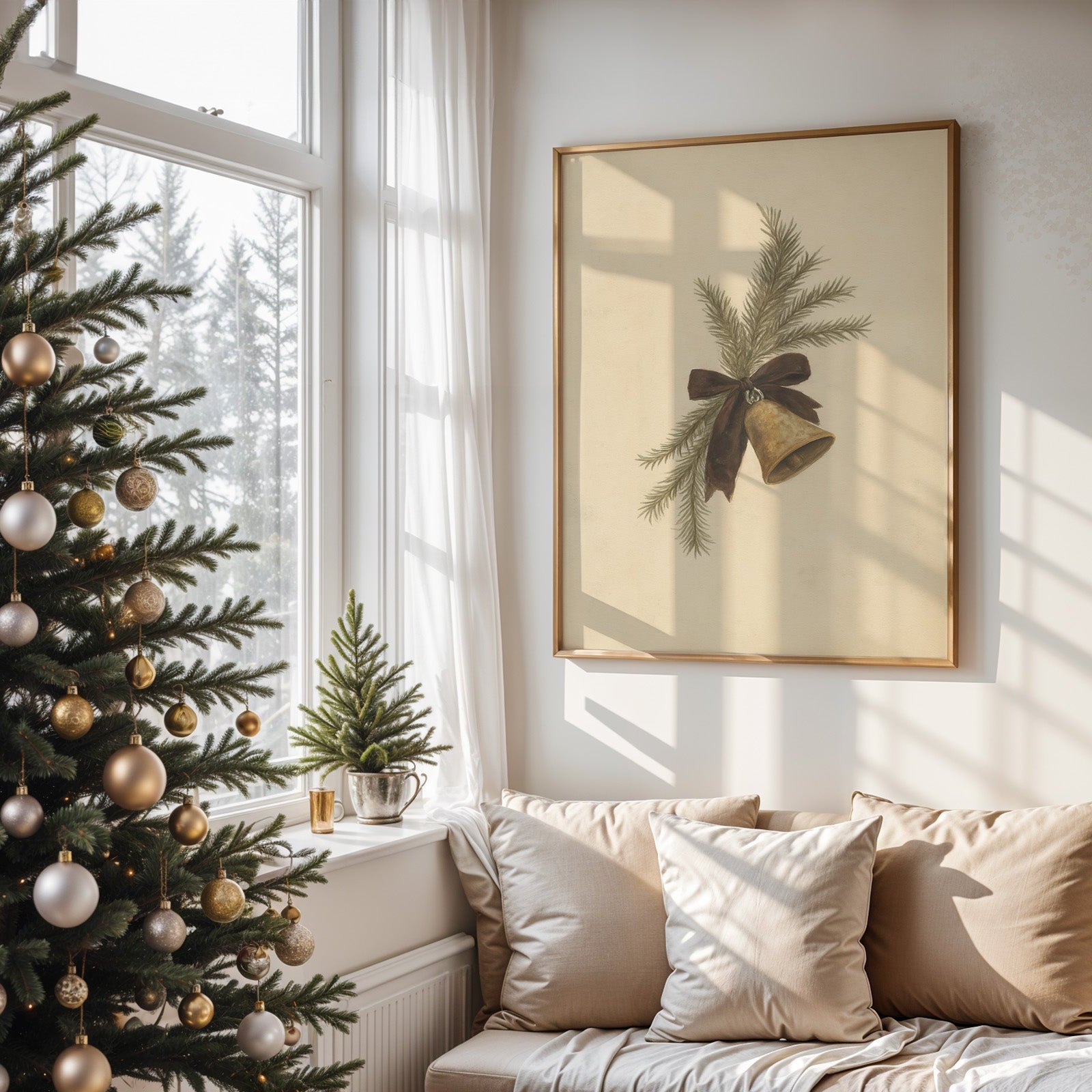 Decorated Christmas tree in a living room with a framed artwork on the wall.