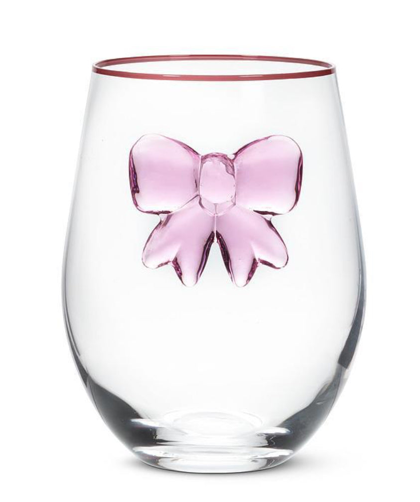 Pink Bow Stemless Wine Glass