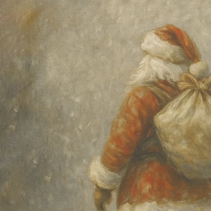 Painting of a figure in a red coat and Santa hat walking in the snow with a large sack.