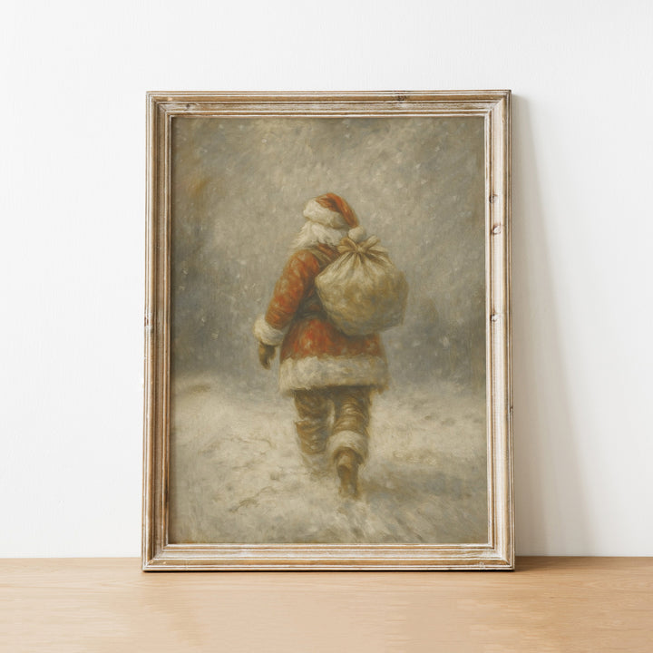 Framed painting of a person in winter attire with a large bag, leaning against a white wall.