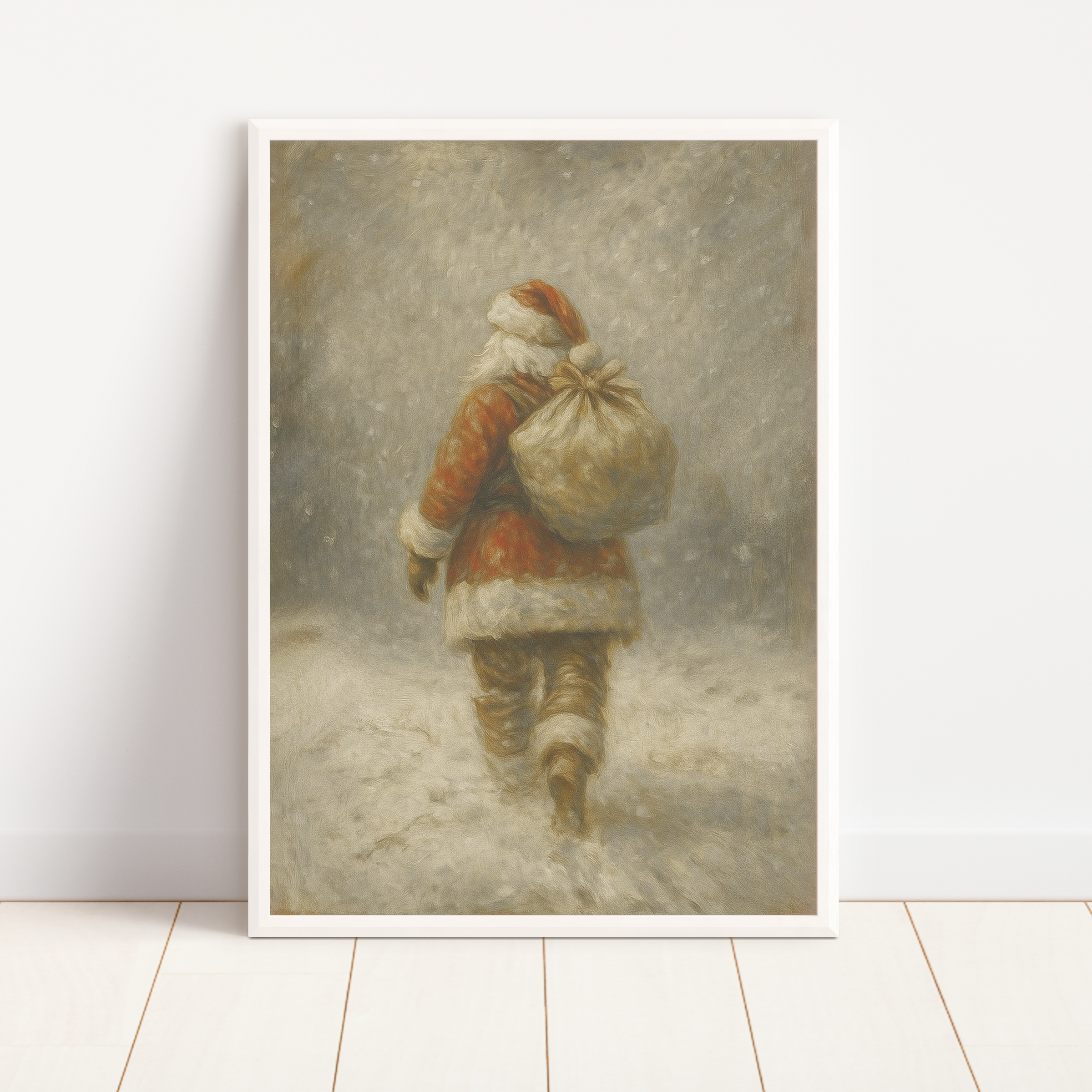 Framed artwork of a Santa Claus figure walking in the snow on a white wall.