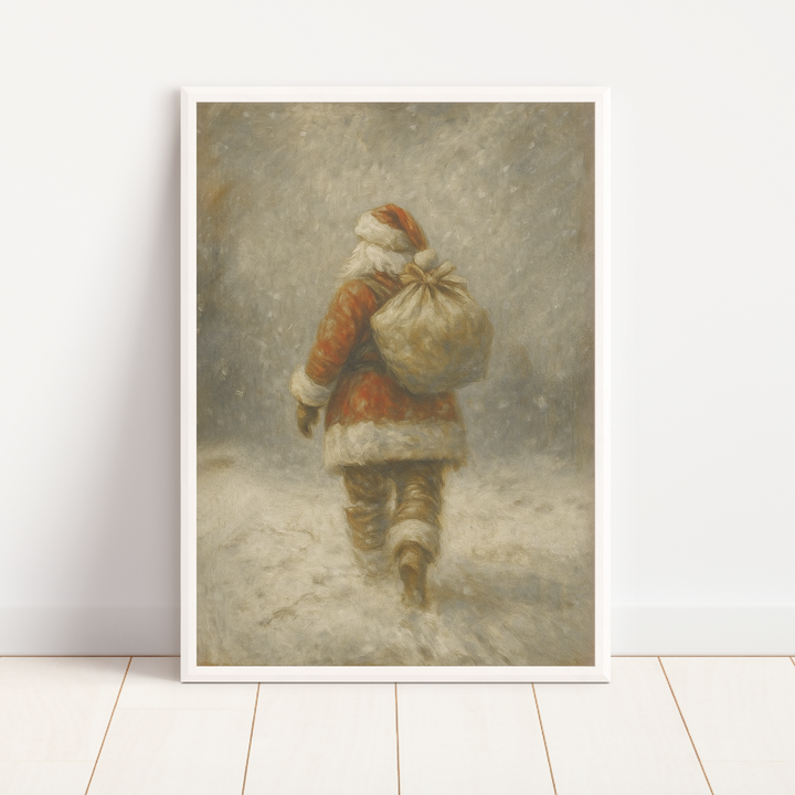 Framed artwork of a Santa Claus figure walking in the snow on a white wall.