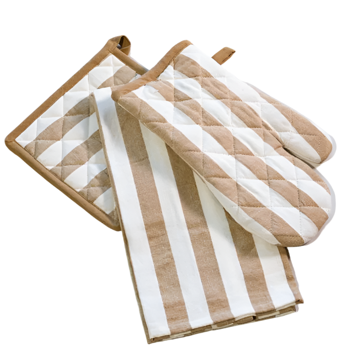 Beige Stripe Oven Mitt Set