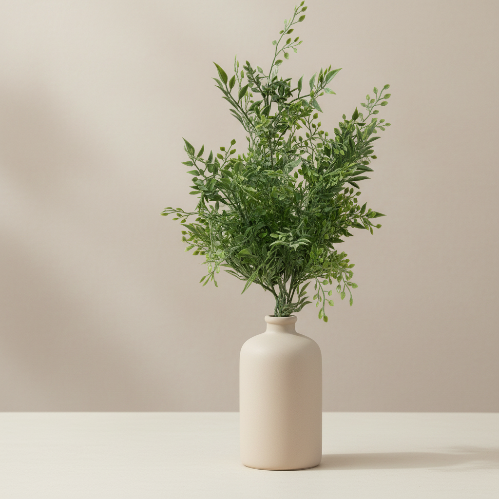 A green artificial leafy branch bouquet with delicate sprigs and small buds, tied at the stem and displayed against a light gray faux brick wall background.