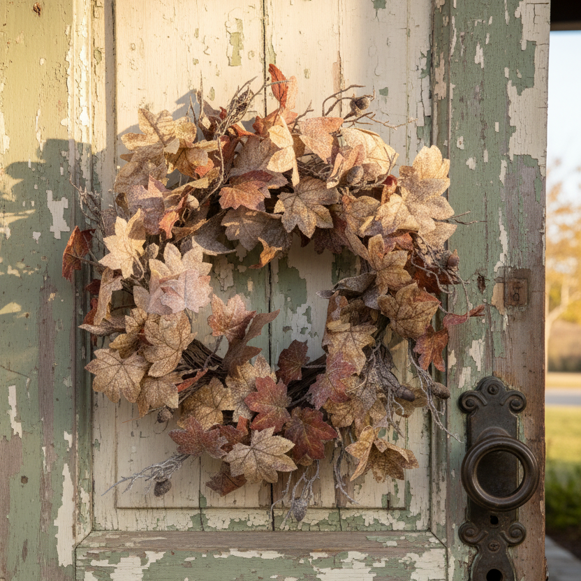 An autumn leaf wreath with textured maple leaves in shades of brown, beige, and muted red, hung on a distressed gray wooden door.