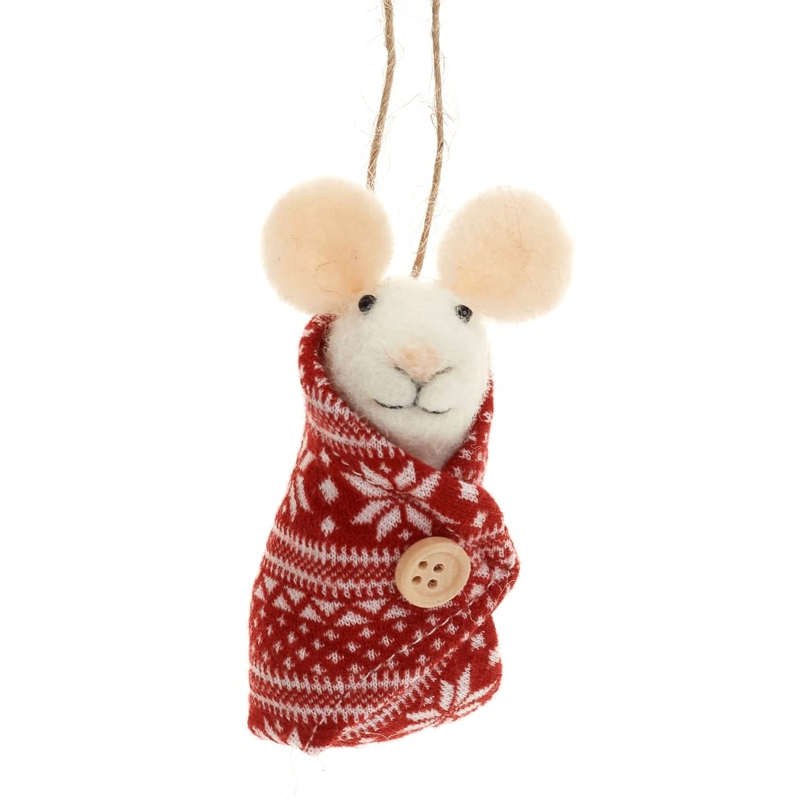 A small felt mouse ornament wrapped in a red and white patterned knit scarf with a wooden button, hanging from a twine string against a white background.