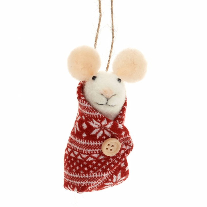 A small felt mouse ornament wrapped in a red and white patterned knit scarf with a wooden button, hanging from a twine string against a white background.