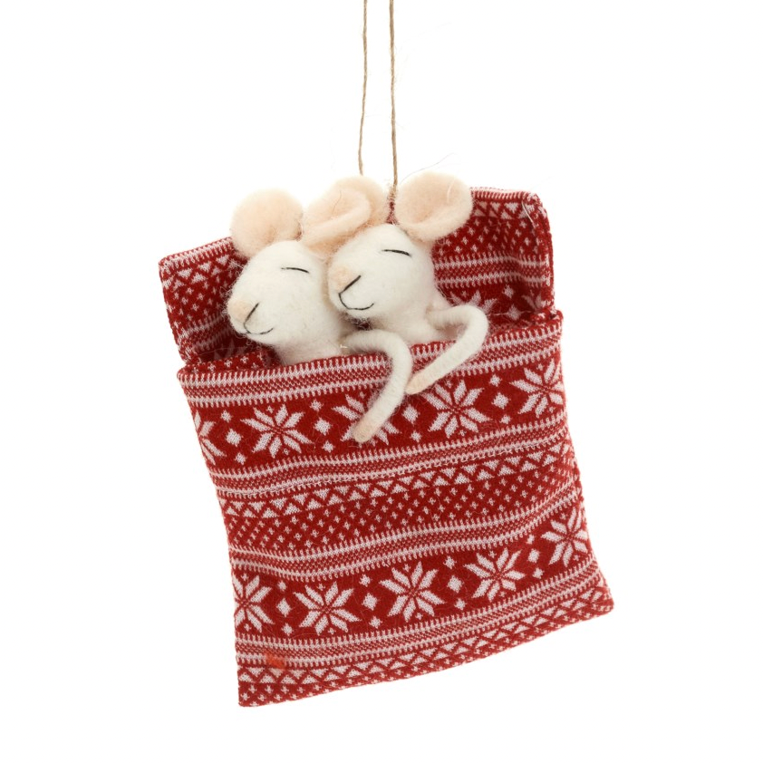 A festive red and white patterned fabric pouch ornament hanging from a string, with two cream-colored felted mouse toys nestled inside, shown against a plain white background.