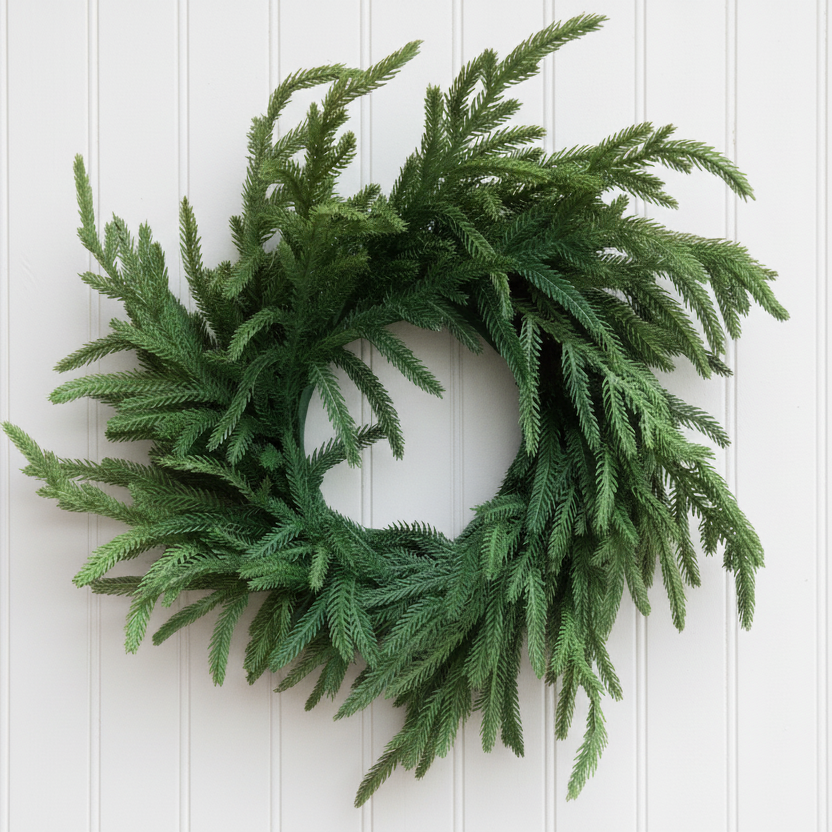 A green artificial pine or fir-style wreath with dense needle-like branches, laid flat on a rustic wooden plank surface.