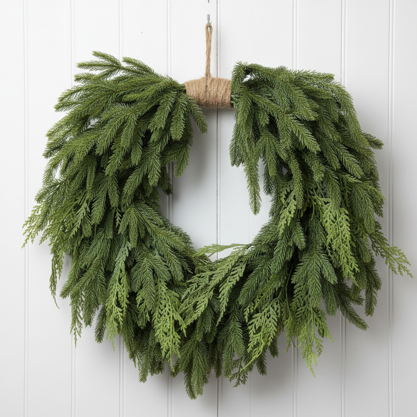 A green evergreen wreath with a natural jute hanging loop, displayed against a white painted brick wall.