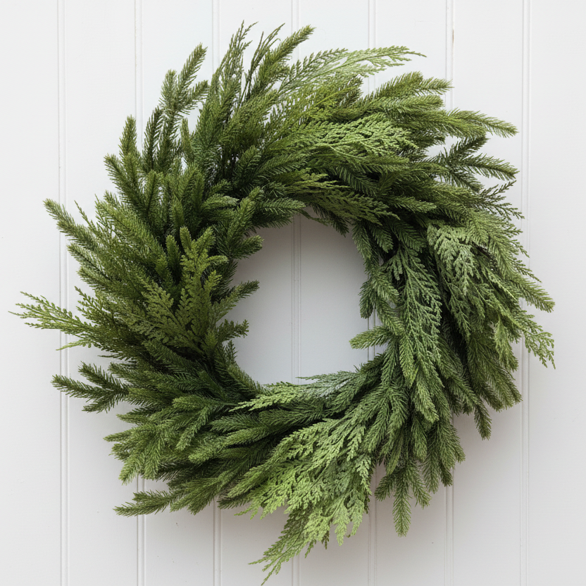 A lush green artificial evergreen wreath with textured pine and cedar-like branches, displayed against a white painted brick wall.