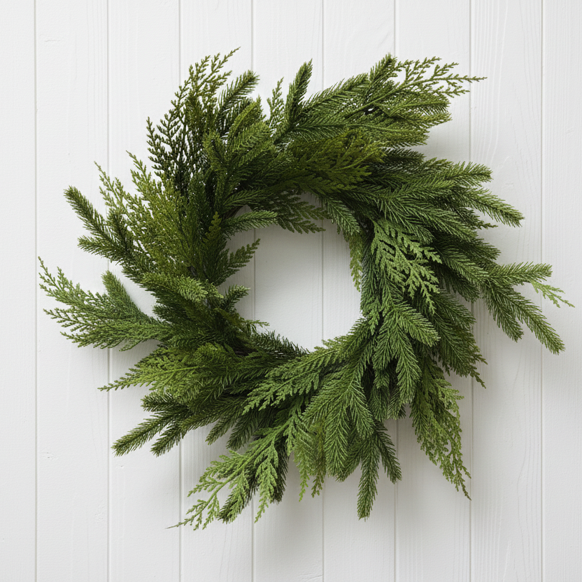 A green artificial pine or cedar wreath with layered, feathery foliage, displayed against a white-painted brick wall.