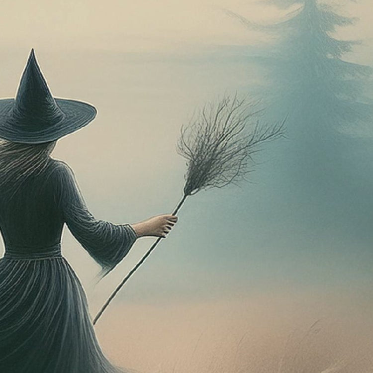 Woman in a witch costume with a broom in a misty forest