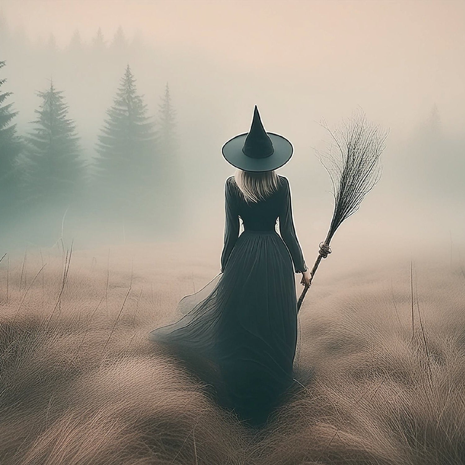 Person in a witch costume with a broom in a foggy forest