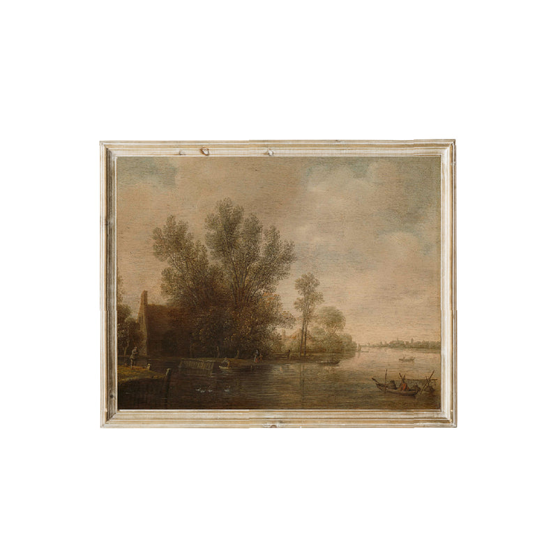 Vintage art print featuring water and trees