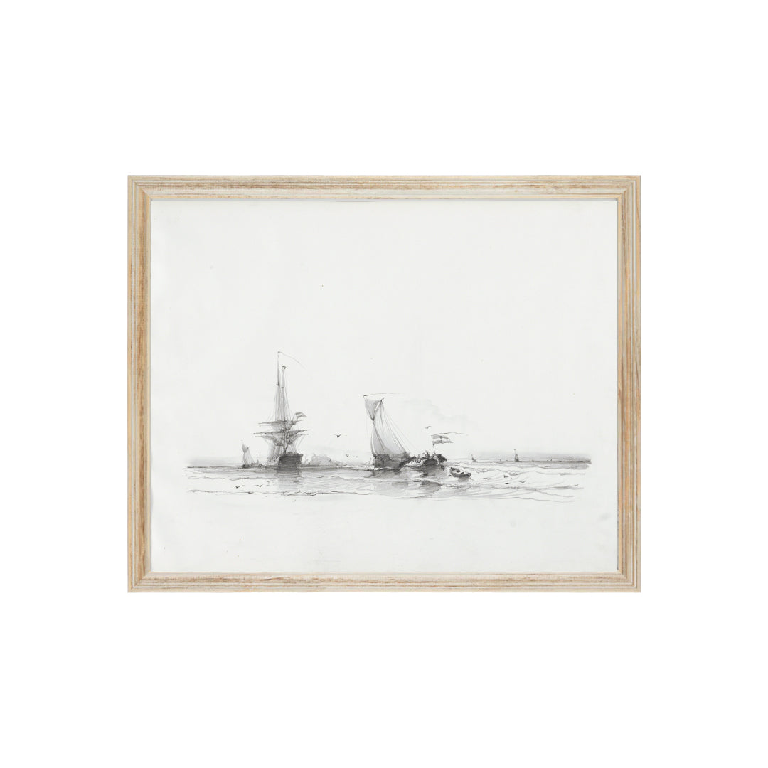 Vintage coastal art with sailboats