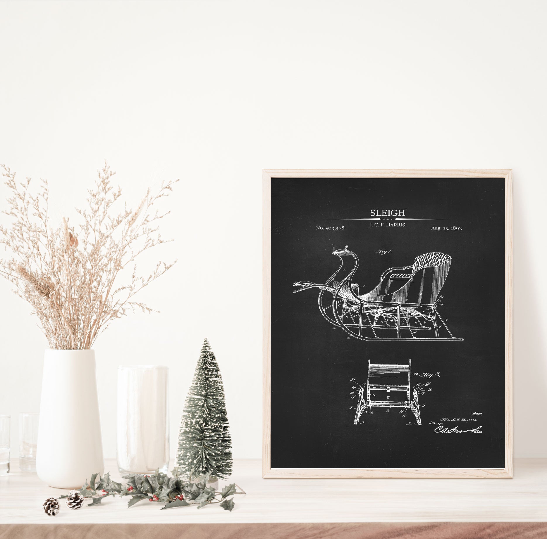 Chalkboard Sleigh Patent Vintage Print